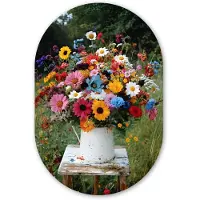 MuchoWow Muurovaal 40x60 cm - Ovale wanddecoratie Bloemen - Krukje - Gieter - Veld - Ovalen schilderij - Muurdecoratie woonkamer - Kamer decoratie - Schilderijen - Wandcirkel