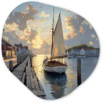 MuchoWow Organische wanddecoratie 60x60 cm - Organisch schilderij Zeilboot - Zon - Pier - Hout - Muurdecoratie woonkamer - Kamer decoratie - Schilderijen - Muurcirkel aesthetic