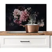 KitchenYeah Spatscherm keuken 80x55 cm - Kookplaat achterwand Bloemen - Vintage - Roze - Muurbeschermer - Spatwand fornuis - Hoogwaardig aluminium