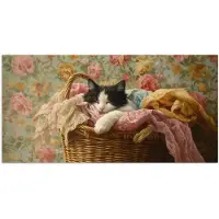 PosterMonkey Poster 40x20 cm - Kat - Bloemenprint - Rieten mand - Posters - Kamer decoratie - Wanddecoratie woonkamer - Muurdecoratie slaapkamer