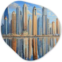 MuchoWow Organische wanddecoratie 40x40 cm - Organisch schilderij Skyline - Wolkenkrabbers - Water - Blauw - Muurdecoratie woonkamer - Kamer decoratie - Schilderijen - Muurcirkel aesthetic