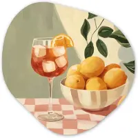 MuchoWow Organische wanddecoratie 60x60 cm - Organisch schilderij Citroenen - Glas - Tafelkleed - Geblokt - Muurdecoratie woonkamer - Kamer decoratie - Schilderijen - Muurcirkel aesthetic