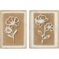 J-Line Wall decoration flowers poli fir wood/mdf natural/white assortment of 2