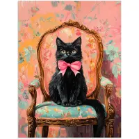 PosterMonkey Poster 60x80 cm - Kat - Roze - Stoel met bloemenmotief - Posters - Kamer decoratie - Wanddecoratie woonkamer - Muurdecoratie slaapkamer