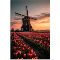 PosterMonkey Poster 40x60 cm - Molen - Zonsondergang - Tulpen - Rood - Posters - Kamer decoratie - Wanddecoratie woonkamer - Muurdecoratie slaapkamer