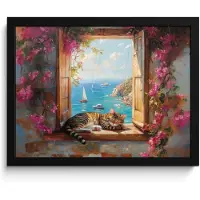 PosterMonkey Poster in lijst - Fotolijst 40x30 cm - Posters - Kat - Blauwe zee - Roze bloemen - Posterlijst zwart - Decoratie - Wanddecoratie woonkamer - Muurdecoratie slaapkamer