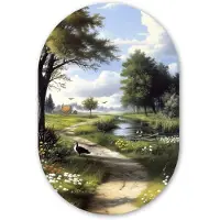MuchoWow Muurovaal 40x60 cm - Ovale wanddecoratie Zandpad - Groen landschap - Water - Ovalen schilderij - Muurdecoratie woonkamer - Kamer decoratie - Schilderijen - Wandcirkel
