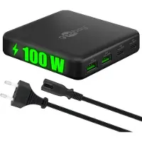 Goobay 70764 USB-C PD GaN multi-poorts oplader voor op het bureau (100 W), zwart, zwart, 1,5 m - 2x USB-C poorten (Power Delivery) en 2x USB-A poorten (Quick Charge 3.0)