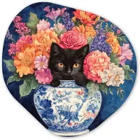 MuchoWow Organische wanddecoratie 90x90 cm - Organisch schilderij Kat - Felgekleurde bloemen - Vaas - Muurdecoratie woonkamer - Kamer decoratie - Schilderijen - Muurcirkel aesthetic