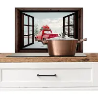 KitchenYeah Spatscherm keuken 70x50 cm - Kookplaat achterwand Doorkijk - Auto - Rood - Cadeaus - Winterlandschap - Kerst - Muurbeschermer - Spatwand fornuis - Hoogwaardig aluminium