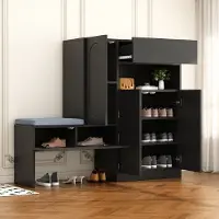 Merax 2-in-1 schoenenkast met boogdeuren - in hoogte verstelbare vakken en gestoffeerde bank - zwart - 130x35x110 cm