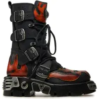 New rock Flame geaccentueerde zwart/rode leren biker-schedellaarzen - 107-S1