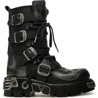 New rock Flame geaccentueerde zwart/zilver lederen bikerlaarzen - 107-S2