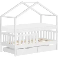 ML-Design Kinderbed Huisbed 70x140 cm wit gemaakt van dennenhout met matras H:10cm, 2 laden, uitvalbeveiliging & lattenbodem