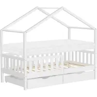 ML-Design Kinderbed Huisbed 80x160 cm wit gemaakt van dennenhout met matras H:10cm, 2 laden, uitvalbeveiliging & lattenbodem