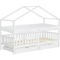 ML-Design Kinderbed Huisbed 90x200 cm wit gemaakt van dennenhout met matras H:16cm, 2 laden, uitvalbeveiliging & lattenbodem