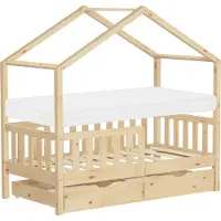 ML-Design Kinderbed Huisbed 70x140 cm natuurlijk dennenhout met matras H:10cm, 2 laden, uitvalbeveiliging & lattenbodem