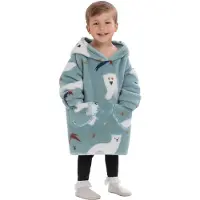 Badrock Ijsbeer fleece hoodie deken met mouwen - fleece poncho voor kinderen – fleece plaid met mouwen - maat 98/128 – lengte 60 cm – warm & zacht – relax outfit kids – grijs/blauw -
