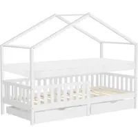 ML-Design Kinderbed Huisbed 90x200 cm wit gemaakt van dennenhout met matras H:10cm, 2 laden, uitvalbeveiliging & lattenbodem