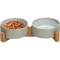 Jake and Jacky Voerbak Kat en Hond Keramiek - Voerbakken Dubbel met Standaard - Drinkbak - 2x 400 mL - Grijs