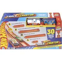 Mattel speelgoedautobaanset Track Creator Deluxe Pack en 2 gegoten voertuigen op schaal 1:64, 7,5 meter aan verschillende lengtes, klikrails