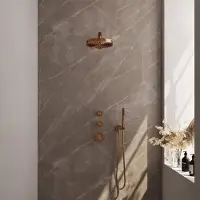 Brauer Stripe Inbouw Regendoucheset Met 2 Stopkranen - Rechte Wandarm - Staafhanddouche - Wandhouder - Geborsteld Koper PVD - Messing - Kranen, - Kranen, Douchekranen, Douchesets, Inbouw douchesets