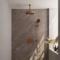 Brauer Stripe thermostatische inbouw regendouche 3-weg rond SET 48 met 25 cm douchekop en plafondarm en 3-standen handdouche en doucheslang en geintegreerde glijstang koper geborsteld PVD