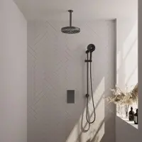 Brauer Stripe thermostatische inbouw regendouche 3-weg rechthoekig SET 24 met 25 cm douchekop en plafondarm en 3-standen handdouche en doucheslang en geintegreerde glijstang gunmetal geborsteld PVD
