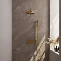 Brauer Stripe thermostatische inbouw regendouche met drukknoppen SET 31 met 25 cm douchekop en rechte muurarm en staaf handdouche en doucheslang en geintegreerde glijstang goud geborsteld PVD