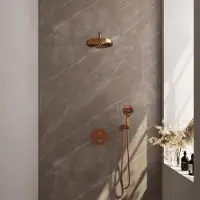 Brauer Stripe thermostatische inbouw regendouche 3-weg rond SET 41 met 25 cm douchekop en gebogen muurarm en 3-standen handdouche en doucheslang en wandaansluitbocht koper geborsteld PVD