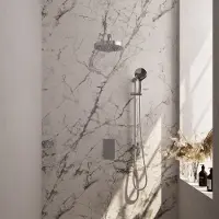 Brauer Stripe thermostatische inbouw regendouche 3-weg rechthoekig SET 22 met 25 cm douchekop en rechte muurarm en 3-standen handdouche en doucheslang en geintegreerde glijstang chroom
