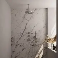 Brauer Stripe thermostatische inbouw regendouche SET 03 met 25 cm douchekop en plafondarm en staaf handdouche en doucheslang en wandaansluitbocht RVS-kleurig geborsteld PVD