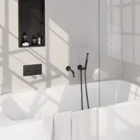 Brauer Stripe thermostatische inbouw badkraan met drukknoppen SET 03 met uitloop en staaf handdouche en doucheslang en wandaansluitbocht mat zwart