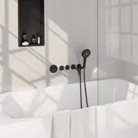 Brauer Stripe thermostatische inbouw badkraan SET 02 met uitloop en 3-standen handdouche en doucheslang en wandaansluitbocht mat zwart