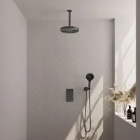 Brauer Stripe thermostatische inbouw regendouche 3-weg rechthoekig SET 18 met 25 cm douchekop en plafondarm en 3-standen handdouche en doucheslang en wandaansluitbocht gunmetal geborsteld PVD