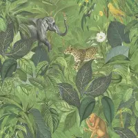 Profhome Natuur behang 387241-GU vliesbehang hardvinyl warmdruk in reliëf glad met dieren patroon mat groen bruin geel grijs 5,33 m2