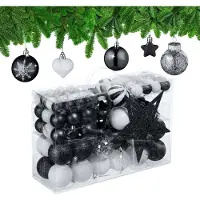 Relaxdays kerstballen - set van 101 - plastic - onbreekbaar - kerstpiek ster - zwart/wit