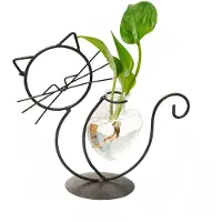 Decopatent - IJzeren Zittende Poes met vaasje in hartvorm - kat - glazen vaas - vaas glas - Om bloemetjes, stekjes, droogbloemen of luchtplantjes in te zetten