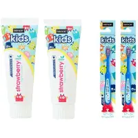 Sence Tandpasta Kids Aardbei - 2 x 75 ml & 2 Kindertandenborstels Brush Bunnies - Voordeelpakket