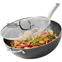 ISENVI Murray keramische wokpan met deksel 32 CM - RVS greep - Antraciet - Keramisch - 100% PFAS, PTFE en PFOA vrij