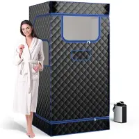Costway Stoomsauna, thuissauna voor thuis, full-body saunabox met 3-liter stoomgenerator, afstandsbediening, voetmassageapparaat en klapstoel, draagbare saunatent 91 x 91 x 183 cm (zwart)