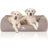 Knuffelwuff orthopedisch waterafstotend hondenbed Leon van velours met handgeweven karakter oversized XXXL 155 x 105cm beige/grijs