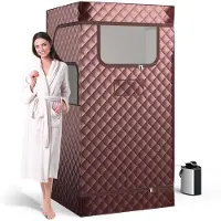 Costway Stoomsauna, thuissauna voor thuis, full-body saunabox met 3-liter stoomgenerator, afstandsbediening, voetmassageapparaat en klapstoel, draagbare saunatent 91 x 91 x 183 cm (bruin)