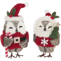 J-Line figuur Uil - polyester - bruin/kerstrood - 2 stuks