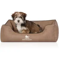 Knuffelwuff orthopedisch hondenbed Tampa van met laser gestikt kunstleer M-L 85 x 63 cm camel
