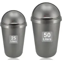 Discountershop Prullenbak set 50L & 25L Grijs – Kunststof Vuilnisbakken met Deksel – Ronde Afvalemmers voor Keuken, Badkamer, Huishouden & Kantoor – Afvalbakken Set