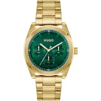 HUGO Goudkleurig horloge met groene wijzerplaat