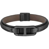 BOSS Gelaagde leren armband met zwarte metallic logoschakel Maat M