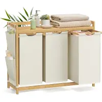 Songmics Wasmand 3 Vakken 3 x 50 L 94 x 33 x 78 cm Crèmewit – Grote Opberger