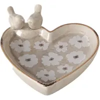 Boltze Vogelbadje van beige keramiek in hartvorm met bloemen type B